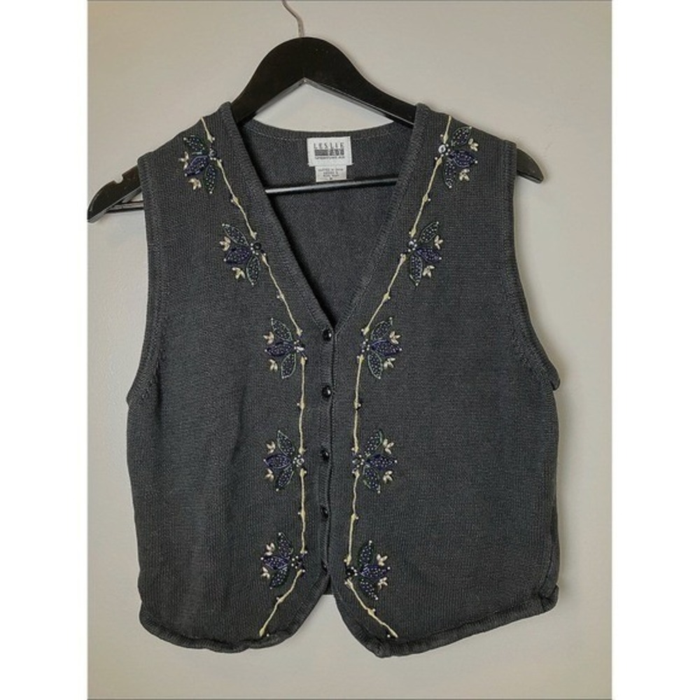 Vintage Leslie Fay Sportswear Embellished Ramie Sweater Vest Mediumβ Cottagecore - Picture 1 of 6
